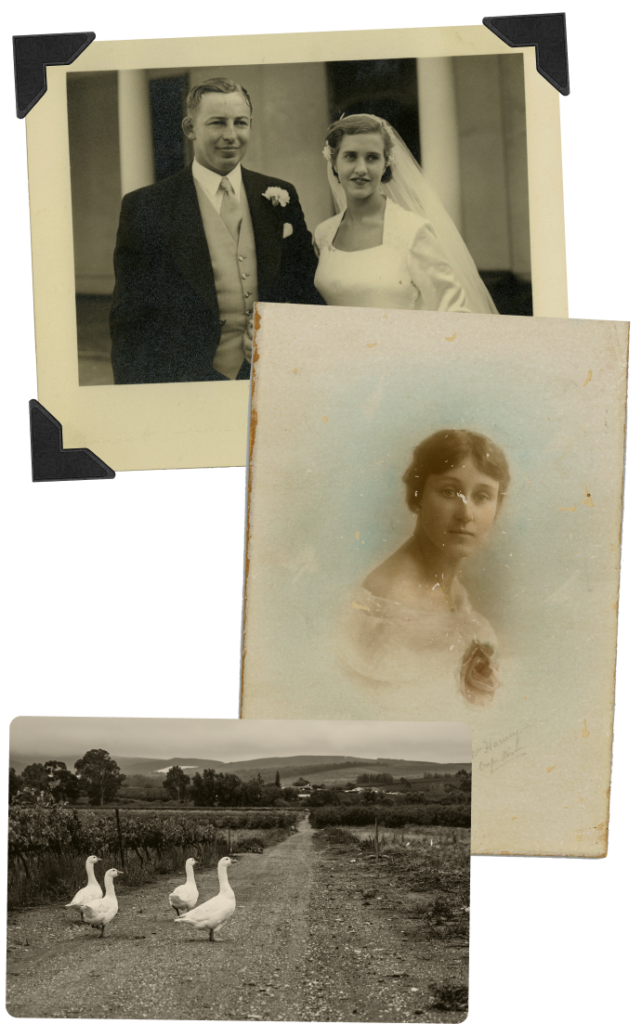 A collage of black and white photos featuring a man and a woman outdoors.